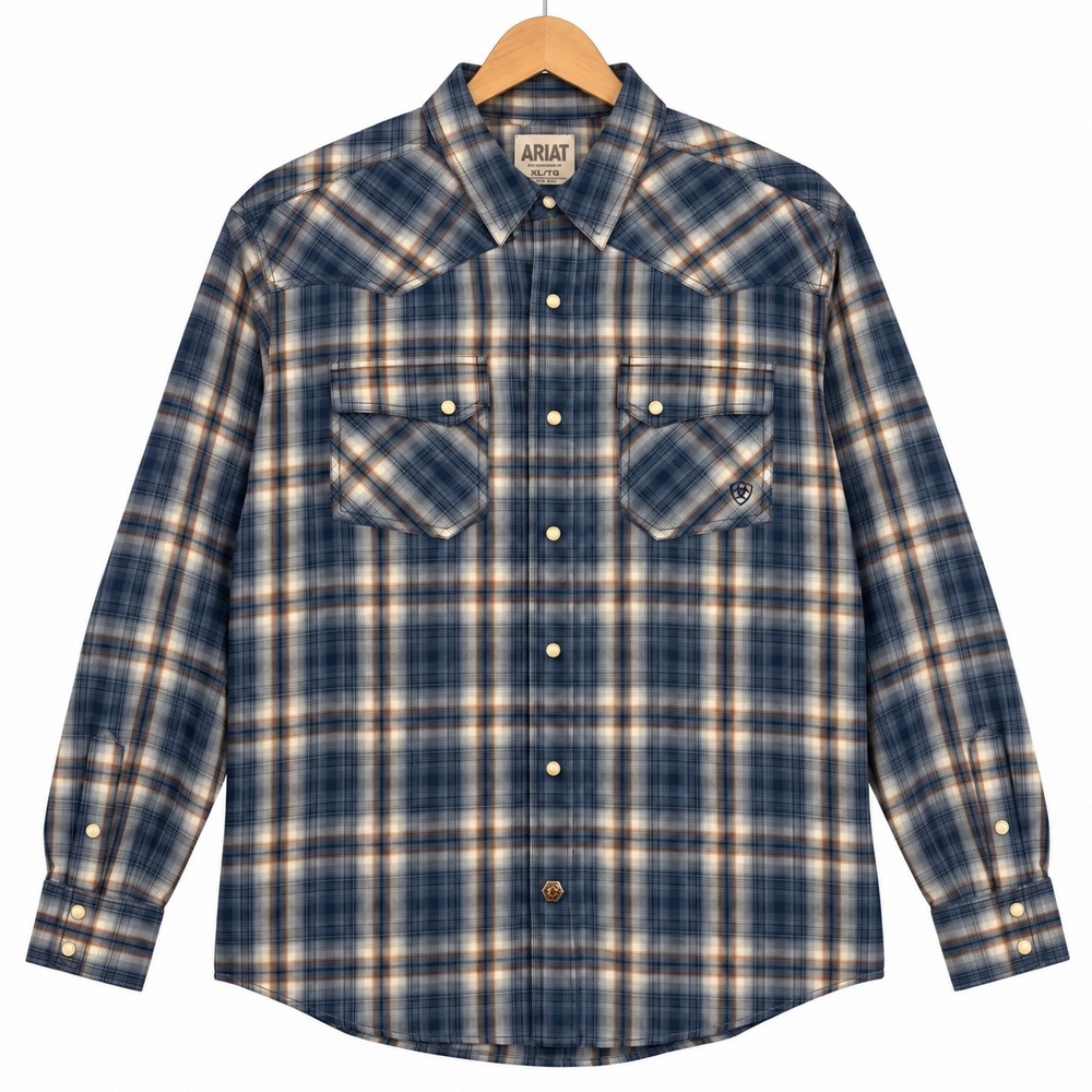 Ariat Mens XL Plaid Western Pearl Snap Long Sleeve Cotton Shirt Retro Fit Blue